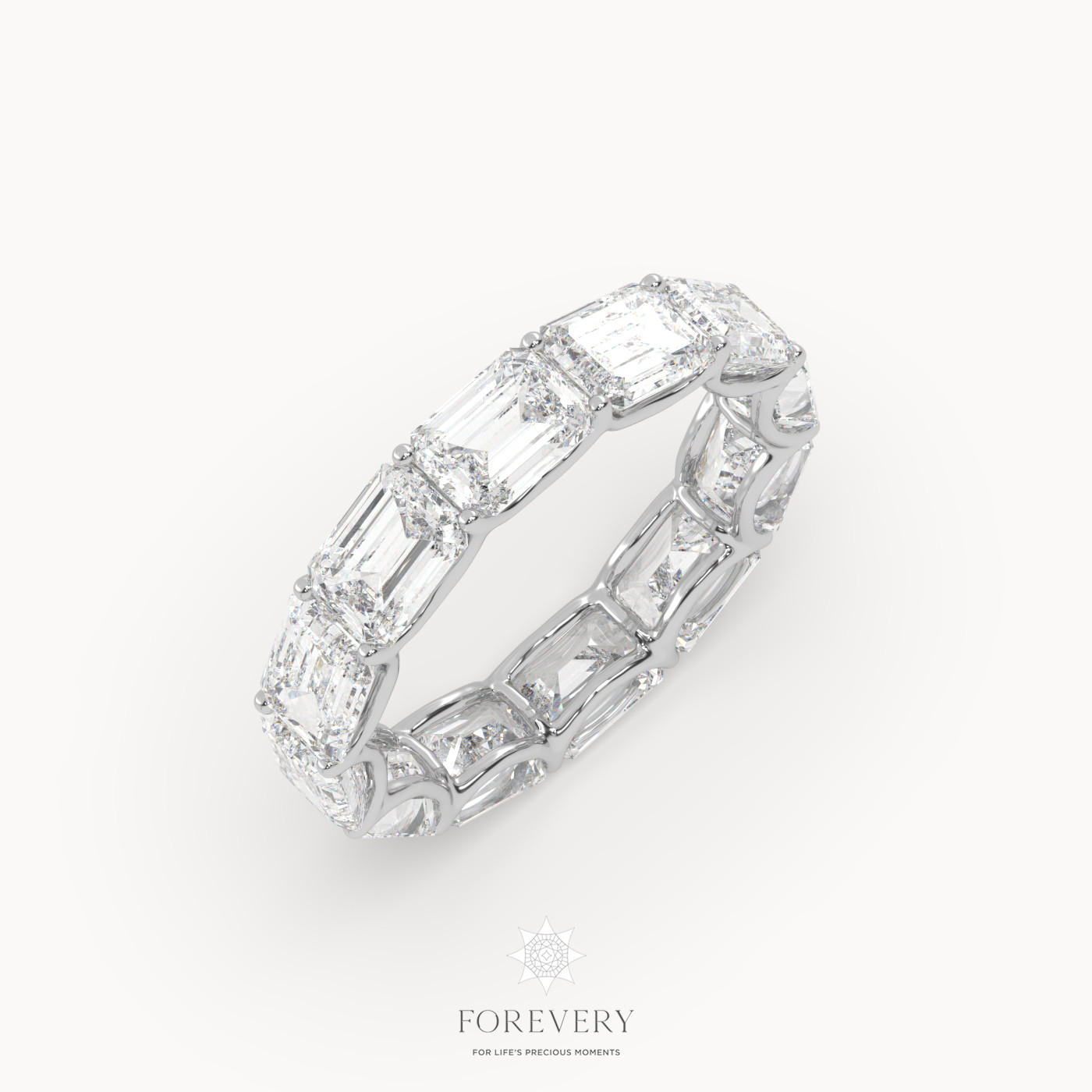 18k white gold  emerald eternity ring with horizontal diamonds