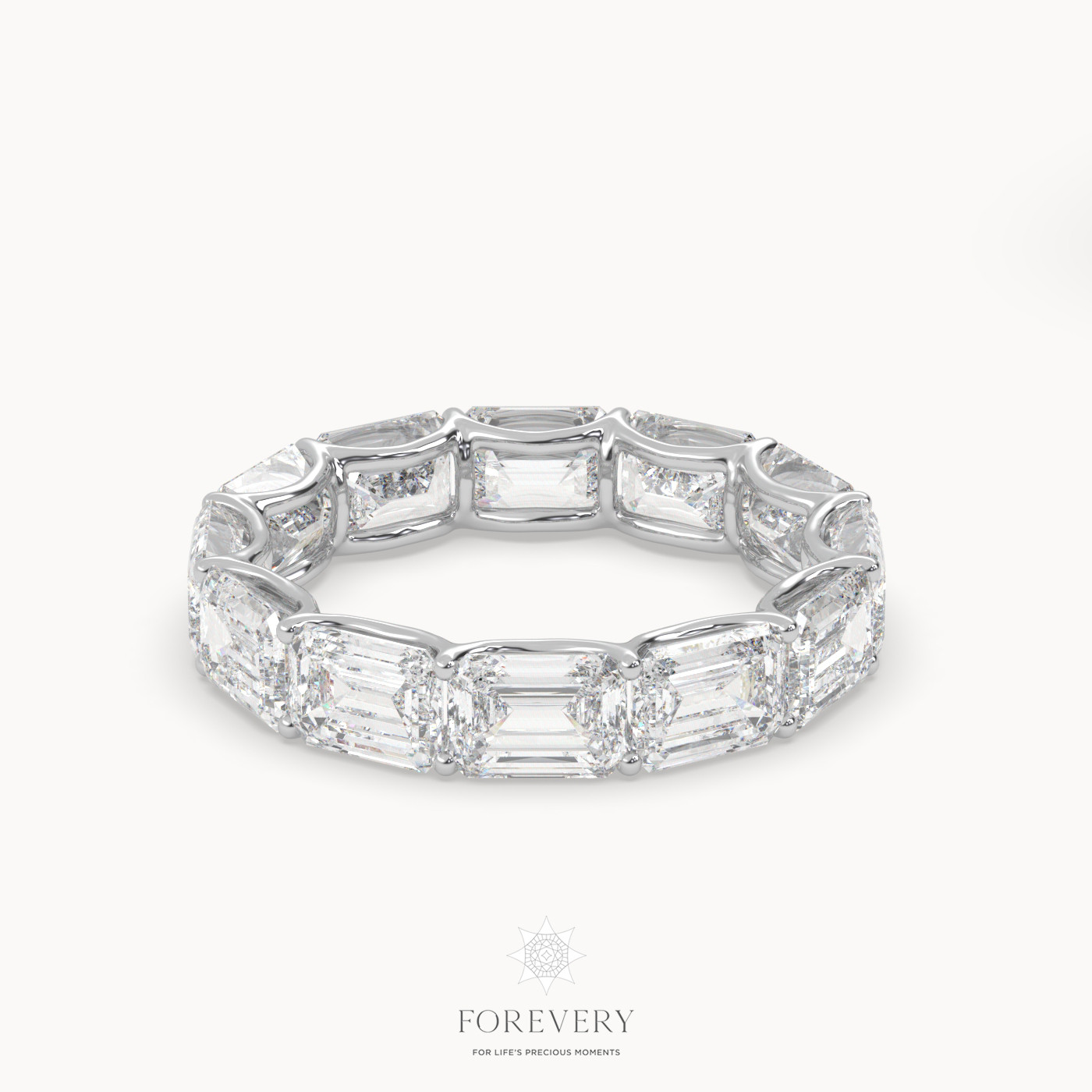 18k white gold  emerald eternity ring with horizontal diamonds