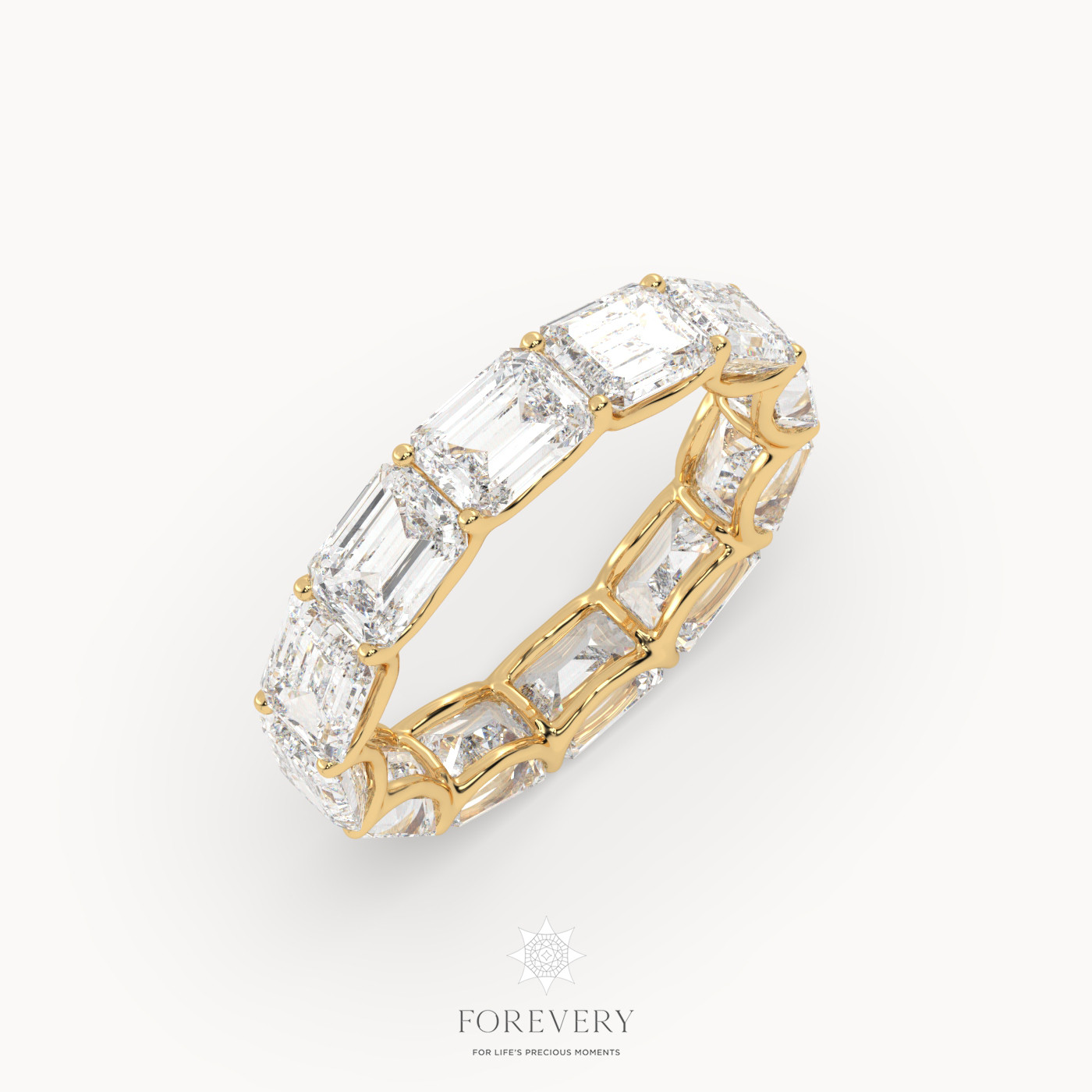 18k yellow gold  emerald eternity ring with horizontal diamonds