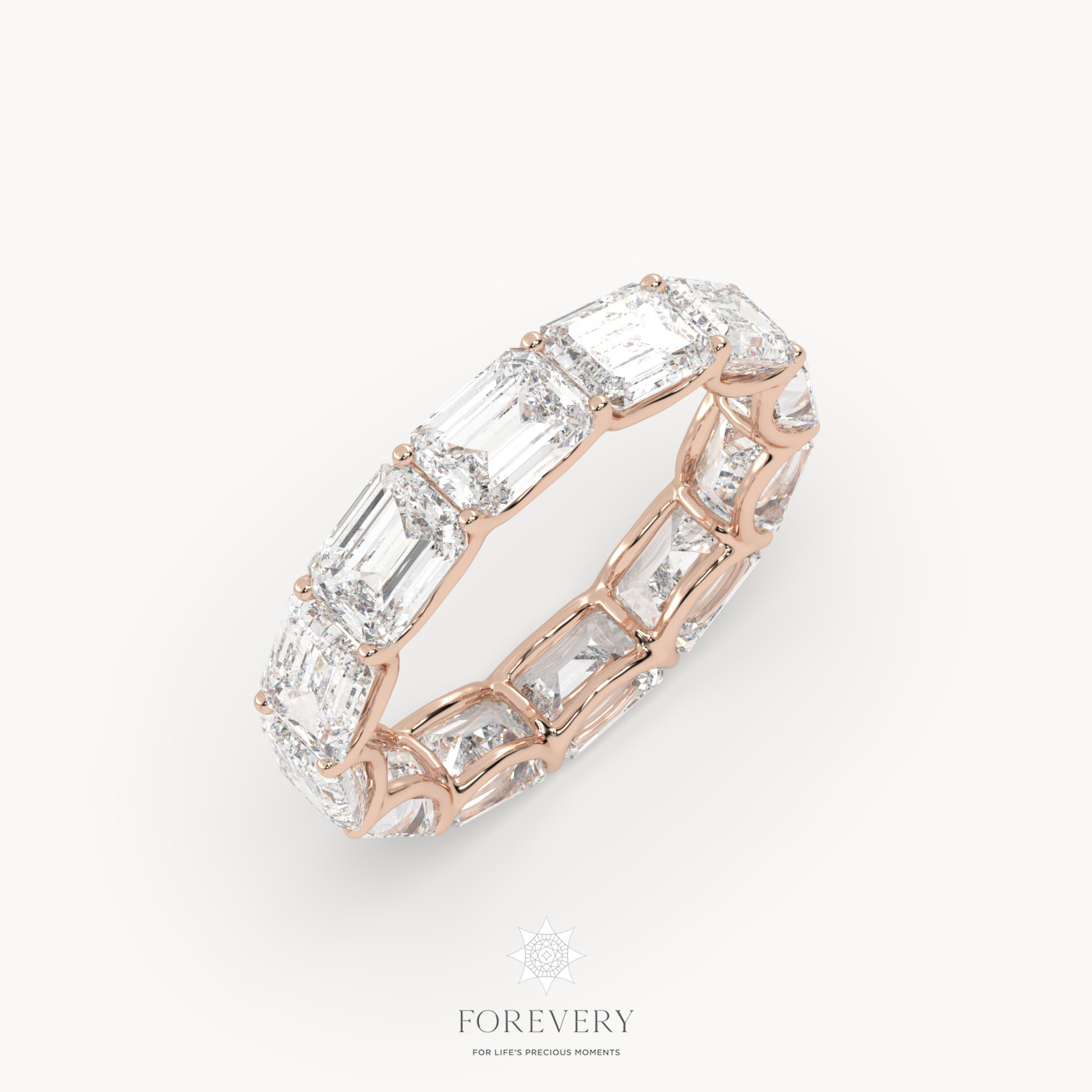 18k rose gold  emerald eternity ring with horizontal diamonds