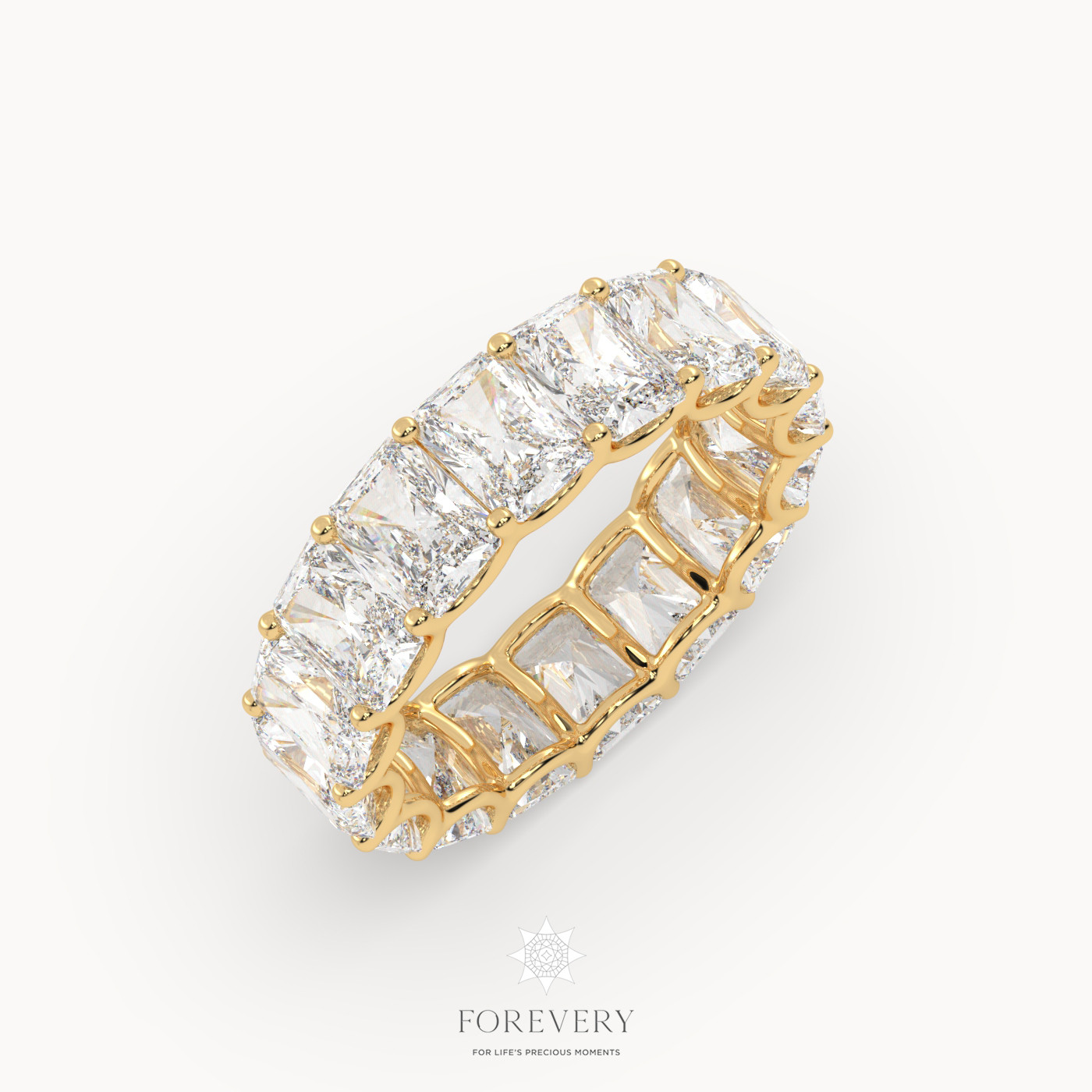 18k yellow gold  radiant cut eternity wedding ring with vertical diamonds