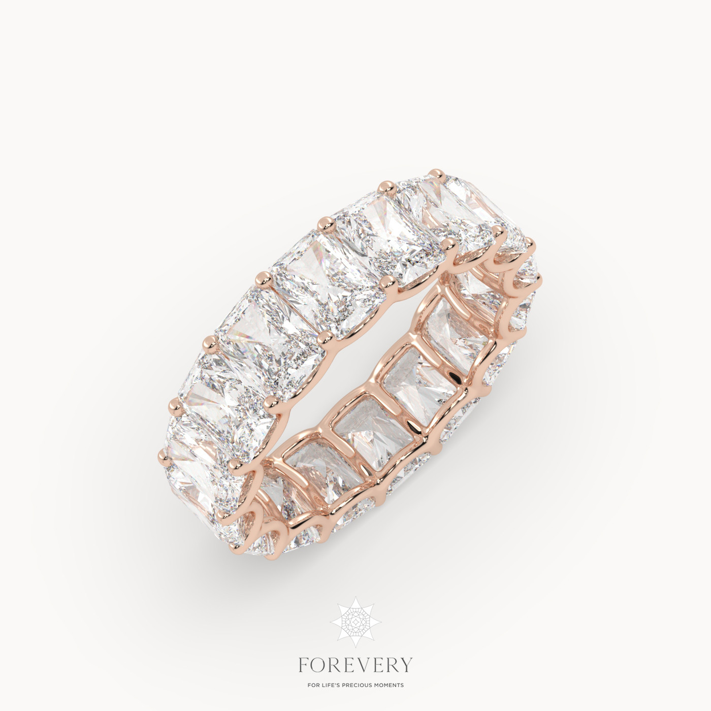 18k rose gold  radiant cut eternity wedding ring with vertical diamonds