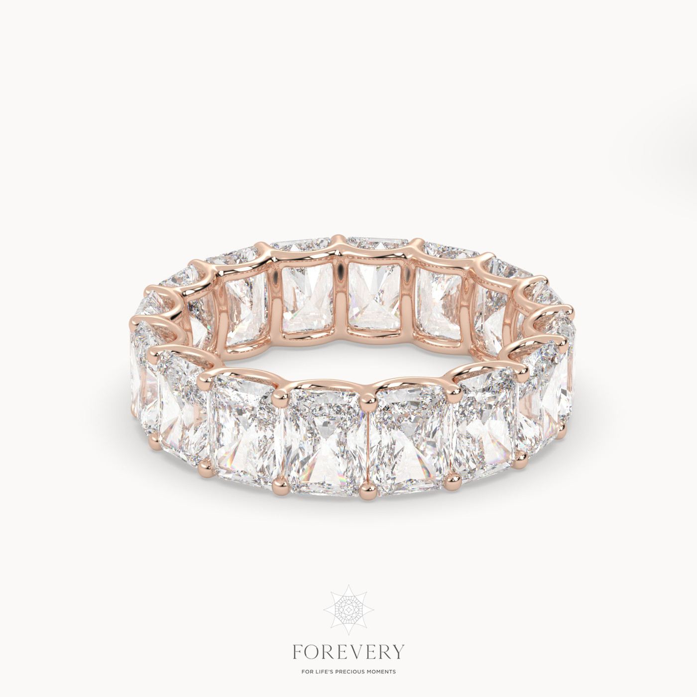 18k rose gold  radiant cut eternity wedding ring with vertical diamonds