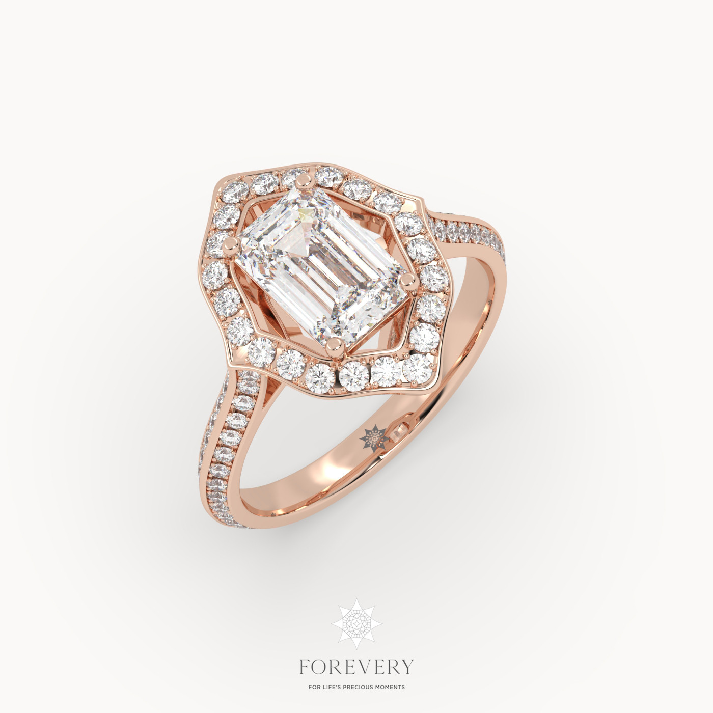 18k rose gold  emerald cut diamond engagement ring with knife edge band