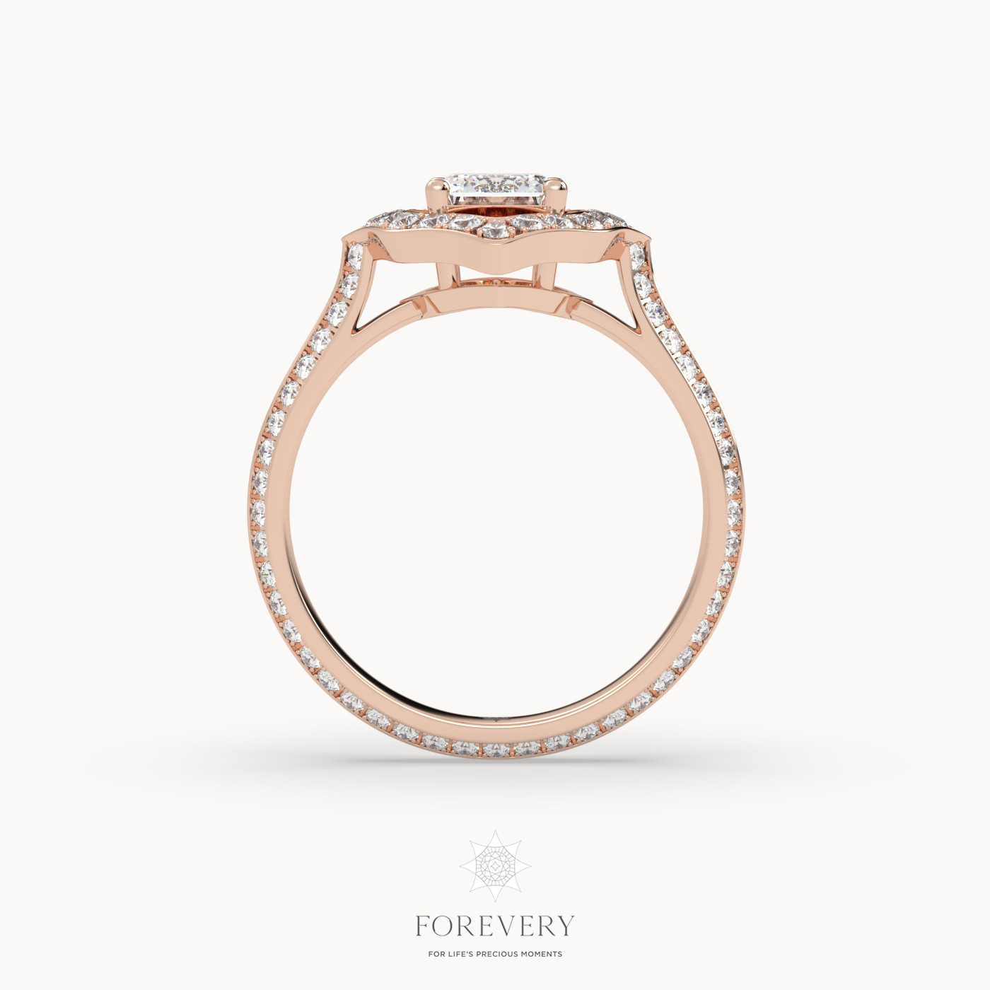 18k rose gold  emerald cut diamond engagement ring with knife edge band