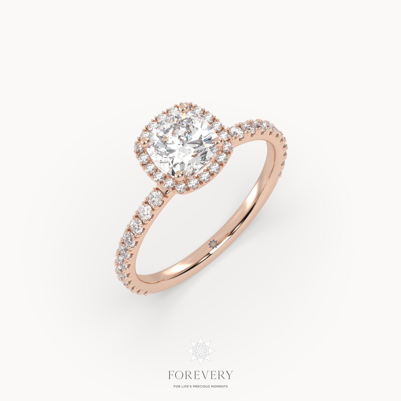 18k rose gold  halo cushion cut diamond engagement ring with half diamond band