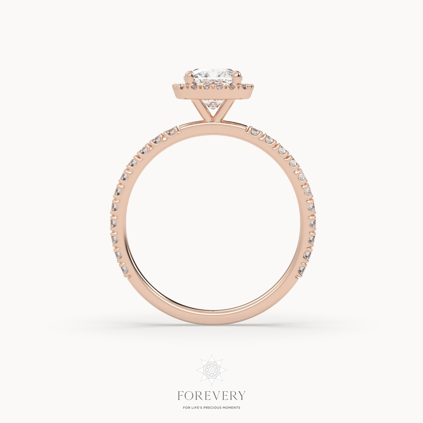 18k rose gold  halo cushion cut diamond engagement ring with half diamond band