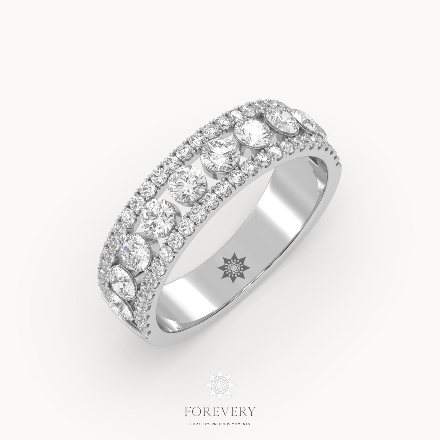 18k white gold  triple row diamond engagement ring