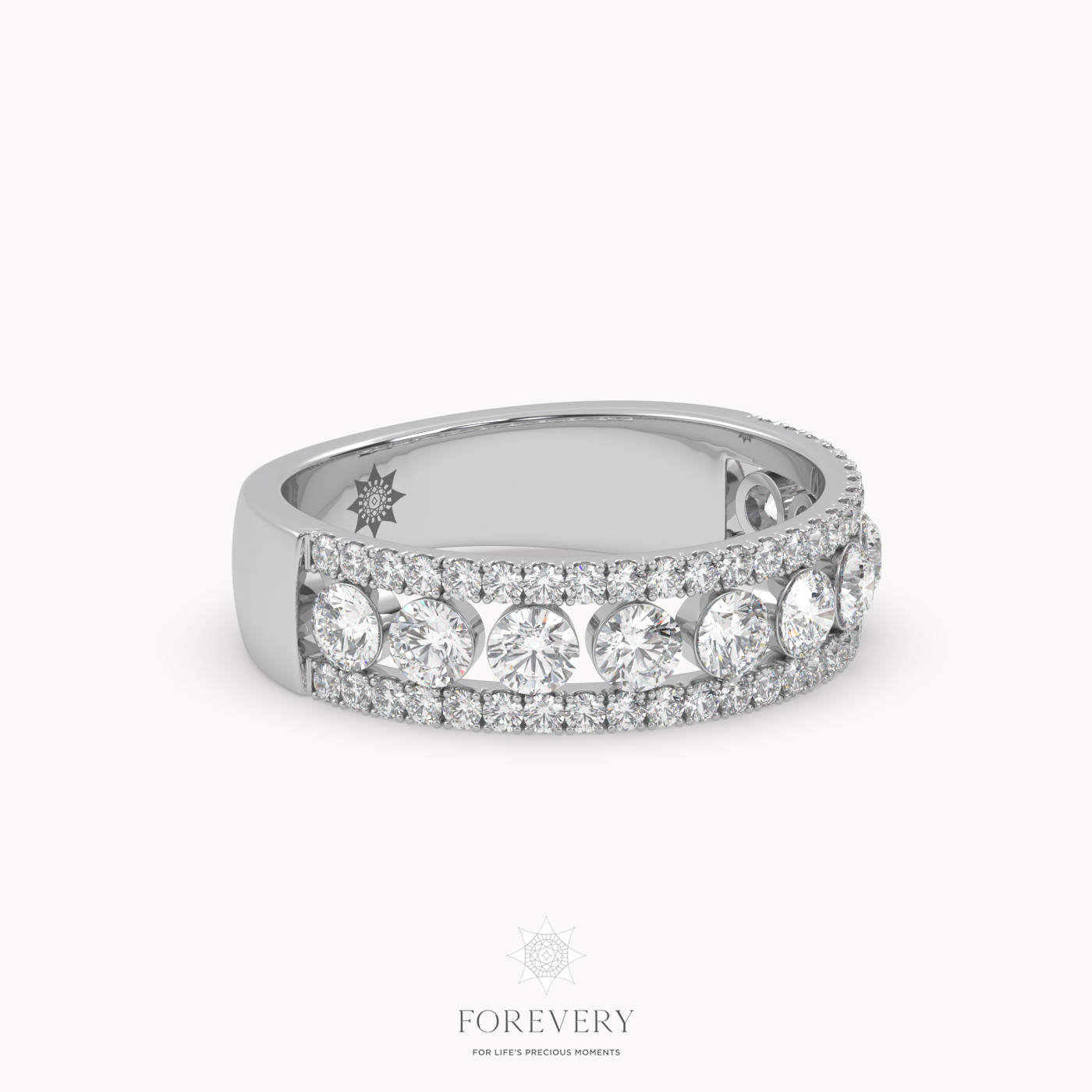 18k white gold  triple row diamond engagement ring