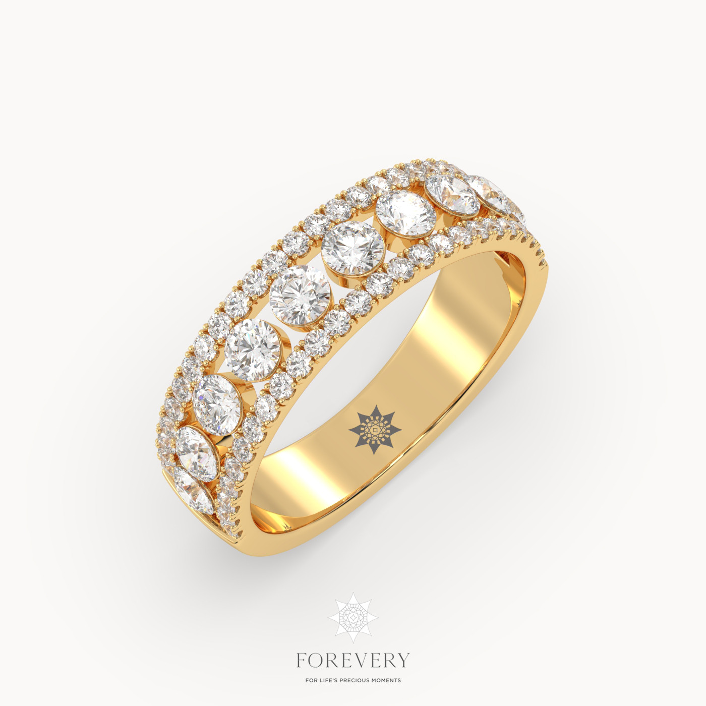 18k yellow gold  triple row diamond engagement ring